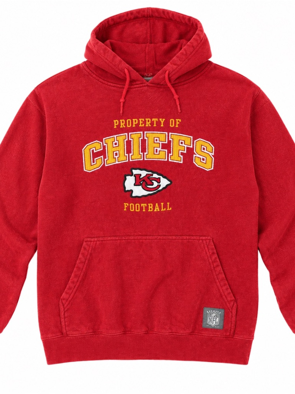 NFL Chiefs Red Hooded Crewneck with Yellow Lettering